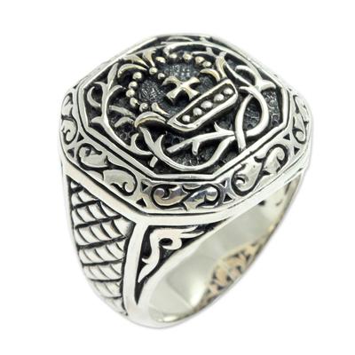 Men's sterling silver signet ring, 'Cardinal'