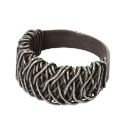 Wide Spindle,'Sterling Silver Band Ring with Interwoven Metal Strands'