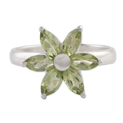 Sparkling Daisy,'Peridot and Sterling Silver Floral Ring from India'