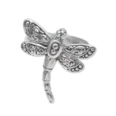 Dance of the Dragonfly,'Sterling Silver Dragonfly Cocktail Ring Handmade in Bali'
