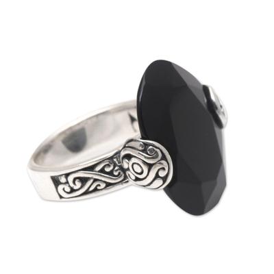Mysterious Oval,'Oval Onyx and Sterling Silver Cocktail Ring from Bali'