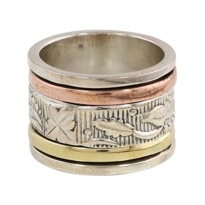 Entrancing Nature,'Sterling Silver Copper and Brass Indian Leaf Spinner Ring'