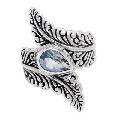Ferny Caress,'Blue Topaz and Sterling Silver Fern Cocktail Ring from Bali'