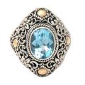 Floral Mystique,'Gold Accent Blue Topaz Floral Cocktail Ring from Bali'