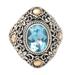 Floral Mystique,'Gold Accent Blue Topaz Floral Cocktail Ring from Bali'