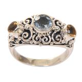Spirit of the Islands,'Balinese Citrine Sterling Silver and Blue Topaz Ring'