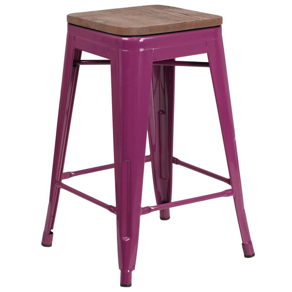 Flash Furniture ET-BT3503-24-PUR-WD-GG 24" Purple Stackable Metal Backless Counter Height Stool with Square Wood Seat