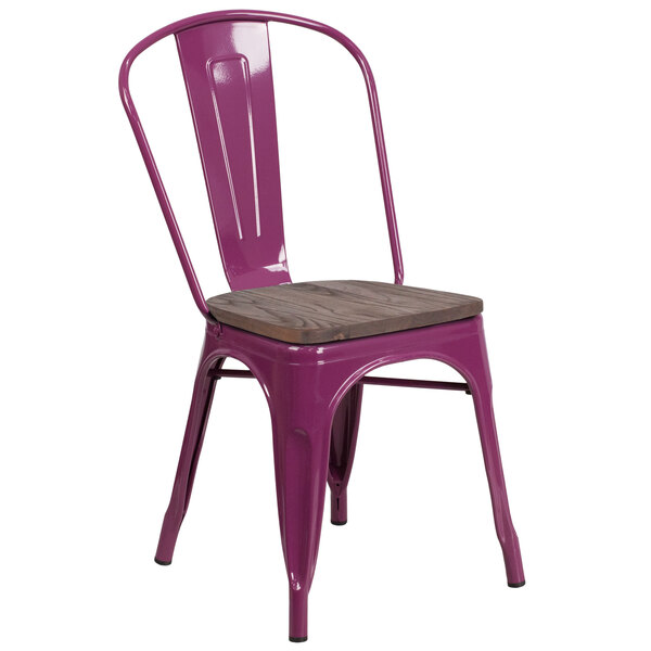 Flash Furniture ET-3534-PUR-WD-GG Purple Stackable Metal Chair with Vertical Slat Back and Wood Seat