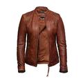 Brandslock Women's Leather Biker Jacket Waxed Lambskin Leather Tan