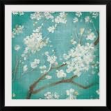 Bungalow Rose 'White Cherry Blossoms I on Blue Aged No Bird' Danhui Nai Painting Print in Green/Red | 24 H x 24 W x 1 D in | Wayfair