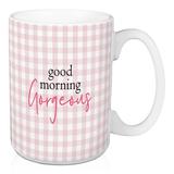 Wrought Studio™ Athena Good Morning Gorgeous Buffalo Check Coffee Mug Ceramic in Brown/Pink/White | 4.62 H in | Wayfair