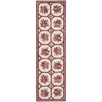 August Grove® Kendall Floral Handmade Looped Wool Ivory/Red Area Rug Wool in Brown/Red, Size 96.0 H x 27.0 W x 0.25 D in | Wayfair