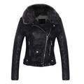 Womens PU Leather Bomber Jackets, Detachable Fur Collar Casual Zipped Coat Fleece Lined Thick Jacket Outwear with Adjustable Waist Black