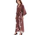 prettystern Women Floor-Length 100% Silk Kimono Dress Gown Robe - Floral Sakura Brown L01