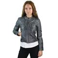 Ladies Real Leather Jacket Short Fitted Vintage Style Grey Retro Chinese Collar - Grey L-14