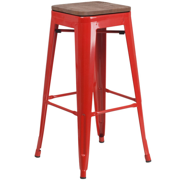 Flash Furniture CH-31320-30-RED-WD-GG 30" Red Stackable Metal Backless Bar Height Stool with Square Wood Seat
