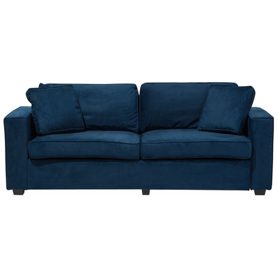 3-Sitzer Sofa Marineblau Samtstoff mit Holzbeinen 2 Dekokissen Breite Armlehnen Freistehend Modern Wohnzimmer Ausstattun