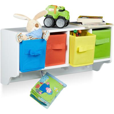 Relaxdays - Kinder Wandregal albus, Wandgarderobe mit 4 Kleiderhaken, Kinderregal mit 4 bunte