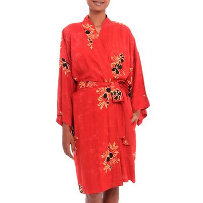 Crimson Floral,'Crimson Rayon Robe with Black Floral Motifs from Bali'