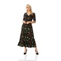 Roman Originals Women Maxi Floral Tea Dress - Ladies Smart Casual Work Office Everyday Longline V-Neck Button Down Short Sleeve Comfortable Stretch Jersey Dresses - Black - Size 12