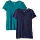 Amazon Essentials Damen Kurzärmeliges T-Shirt mit V-Ausschnitt, Klassischer Schnitt, 2er-Pack, Dunkelgrün/Marineblau, S