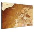 LANA KK Europakarte Leinwandbild mit Korkrückwand zum pinnen der Reiseziele englisch Kunstdruck, braun/bunt, 120 x 80 cm