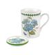 Botanic Garden Hortensie Motiv Tasse und Untersetzer Set, Porzellan, Mehrfarbig, 8,5 x 12 x 10,5 cm