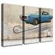 LANA KK Luxus Ausführung –"Challenger Zoll Auto und Oldtimer Design auf 4 cm Echtholz-Keilrahmen, Blau, 150 x 100 x 4 cm, dreiteilig