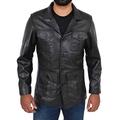 Mens Black Leather Safari Jacket Fitted Classic Retro Blazer Hunters Reefer Coat - Sylas (Medium)