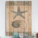 East Urban Home Seastar & Blue Sea Shell I - Nautical & Coastal Print on Natural Pine Wood in Brown/Gray/Green | 20 H x 12 W x 1 D in | Wayfair