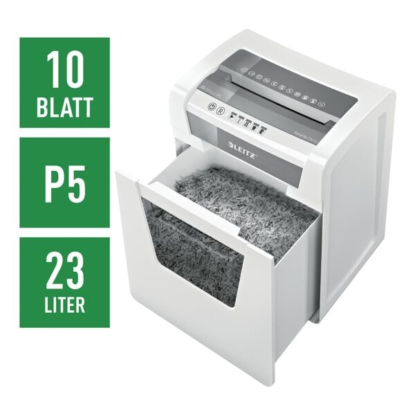 Leitz IQ Aktenvernichter »Office P5« Mikroschnitt bis 10 Blatt weiß, 22.3x46.5x27.9 cm Image