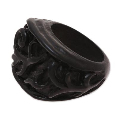 Vine Delight,'Vine Pattern Ebony Wood Band Ring Crafted in India'
