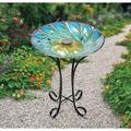 Hi-Line Gift Ltd. Peacock Feathers Solar Lighted Birdbath Glass, Metal in Blue/Green | 2.9 H x 18 W x 18 D in | Wayfair 78415-E