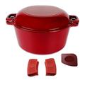 Pinnacle Cookware – 4.73 Litre / 5 Quart Enameled Red Cast Iron Double Dutch Oven/Casserole Dish, Dual Function Lid/Skillet, with Handle Covers and Scraper, 2 in 1 Cooking Set