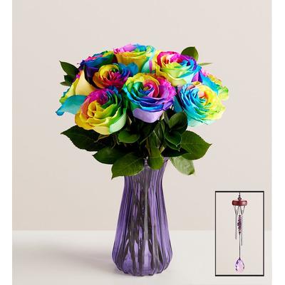 1-800-Flowers Flower Delivery Rainbow Roses 12-24 Stems, 12 Stems W/ Purple Vase & Windchime