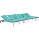 Shore Chaise with Cushions Outdoor Patio Aluminum Set of 6 EEI-2739-SLV-TRQ-SET