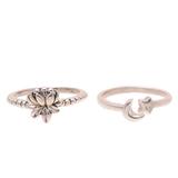 Heavenly Combination,'Floral and Moon Sterling Silver Band Rings (Pair)'