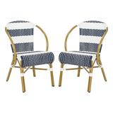 Sarita Striped French Bistro Stacking Side Chair in Navy/White (Set of 2) - Safavieh PAT4009A-SET2