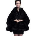 PLAER Women's Faux Fox Fur Trim Cape Wool Blend Cloak Winter Warm Coat Plus Size (Section B - Black)