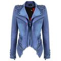 YYZYY Women's Fashion Punk Studded Denim Cotton Motorcycle Biker Jacket Coat Perfectly Shaping Slim Fit Full Zipper Short Jacket Ladies (XS (UK 10), Blue)
