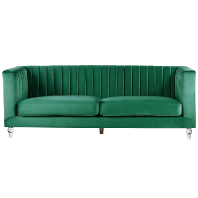 3-Sitzer Sofa Dunkelgrün Samtstoff mit Steppung Hohen Armlehnen Transparenen Acryl-Füßen Dicken Sitzkissen Modern Glam W