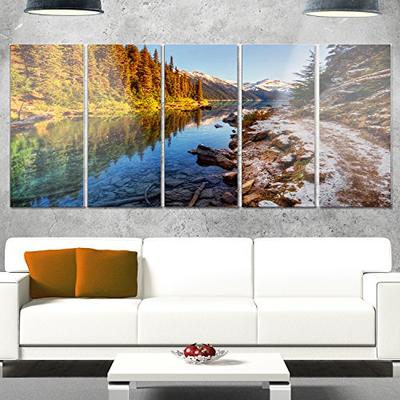 Designart Placid Lake Between Mountains - Landscape Artwork Glossy Metal Wall Art 28'' H x 60'' W x