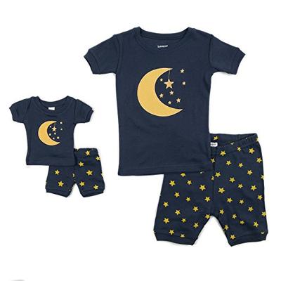Leveret Shorts Matching Doll & Girl Moon & Stars 2 Piece Pajama Set 100% Cotton Size 4 Years