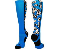 MadSportsStuff Crazy Soccer Socks with Soccer Balls Over The Calf (Electric Blue/Black, Medium)