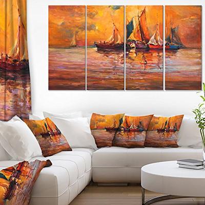 Designart Boats and Ocean in Red-Seascape Painting Canvas Print-48x28-4 Panels, 28'' H x 48'' W x 1'