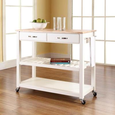 Crosley Furniture Portable Kitchen Cart with Natural Wood Top - White