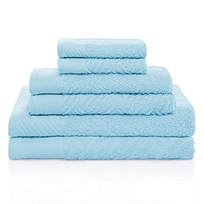 100% Egyptian Cotton 6 PC Basket Weave- Jacquard and Solid Towel Set- Sky Blue (2 face+2 Hand+2 Bath