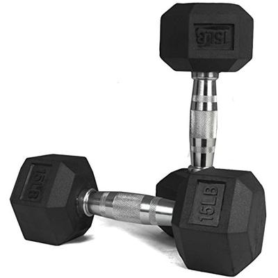 Pair 15 lb Black Rubber Coated Hex Dumbbells Weight Training Set 30 lb Fitness