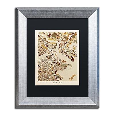Boston MA Street Map Brown by Michael Tompsett, Black Matte, Silver Frame 11x14-Inch