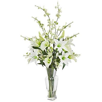Nearly Natural 1776-WH Calla, Lily and Cherry Blossom Artificial Silk Arrangements White